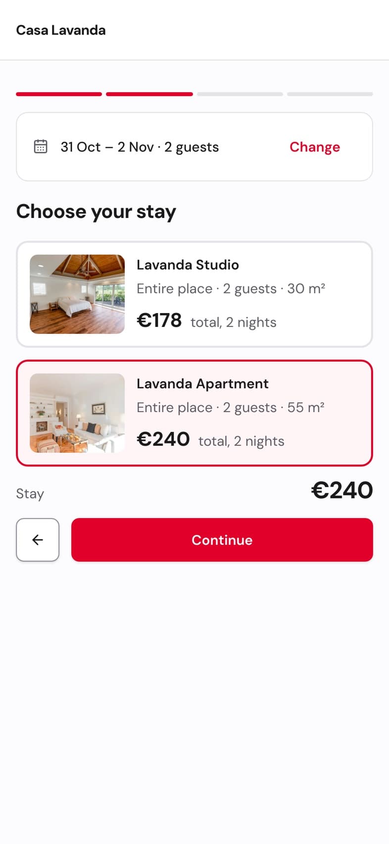 Bedly booking page: choosing an apartment
