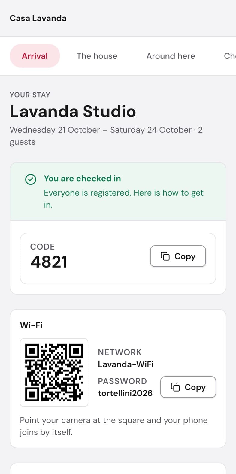 Sophie's stay page: checked in, with the door code