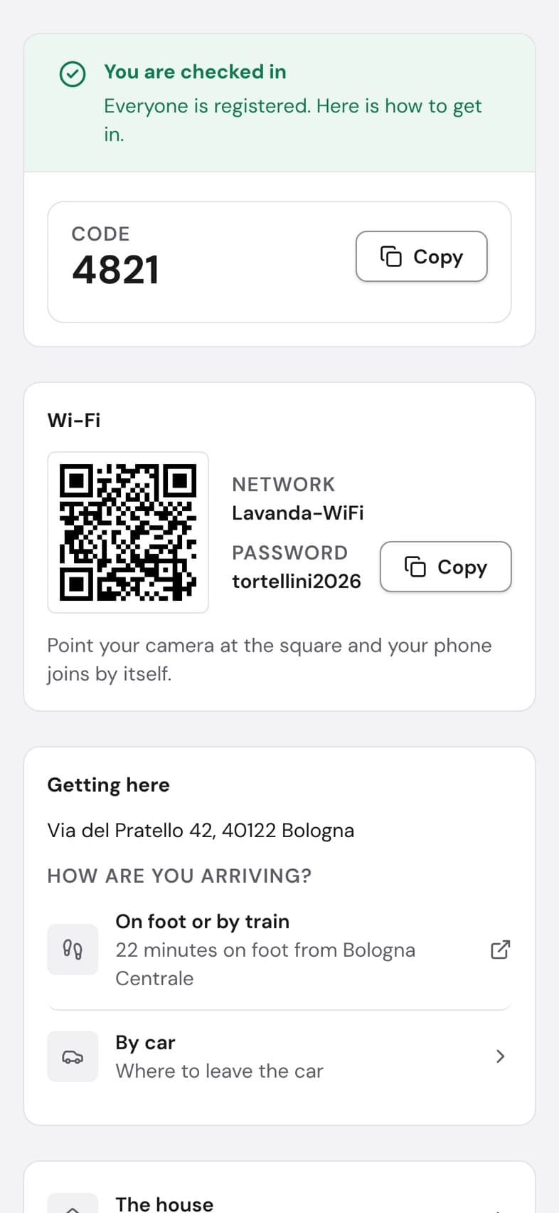 Bedly stay page with the door code and Wi-Fi