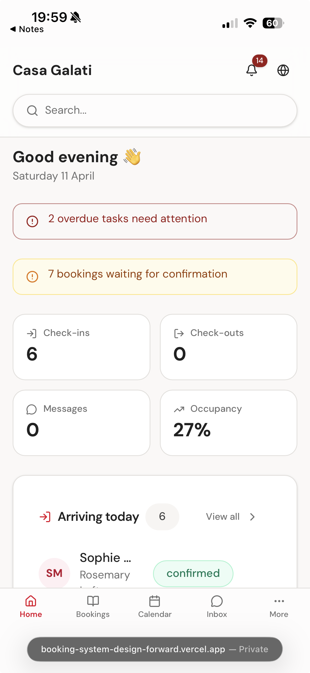 Bedly smart dashboard showing bookings, check-ins, and occupancy